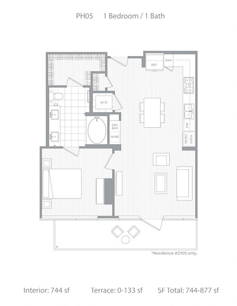 Floor plan for 1 bed, 1 bath, 811 sqft